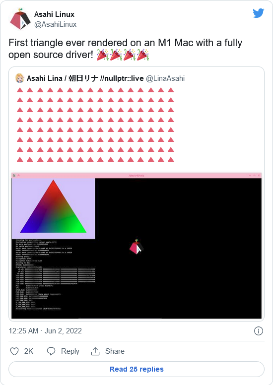 Asahi Linux展示三角形渲染以庆祝苹果M1开源兼容驱动的出现