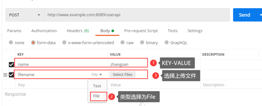 form-data 表示请求参数以单形式填写，可以提交key-value的键值对，可以提交文件包括多个文件.png